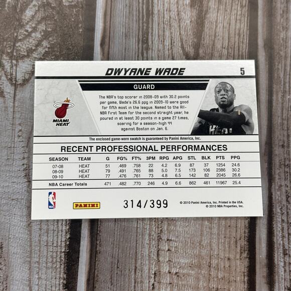 2010 Donruss Dwyane Wade Production Line Jersey Patch Card 314/399 Miami Heat - Picture 2 of 3